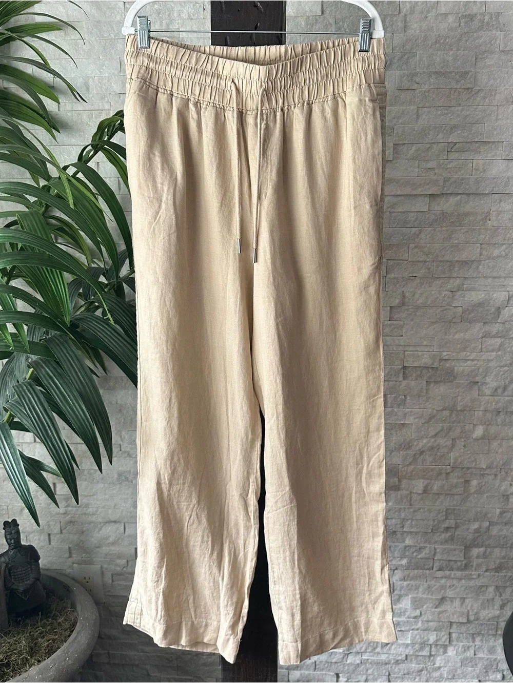 Quince European Linen Wide Leg Pull On Driftwood Tan Pants L New with Tags